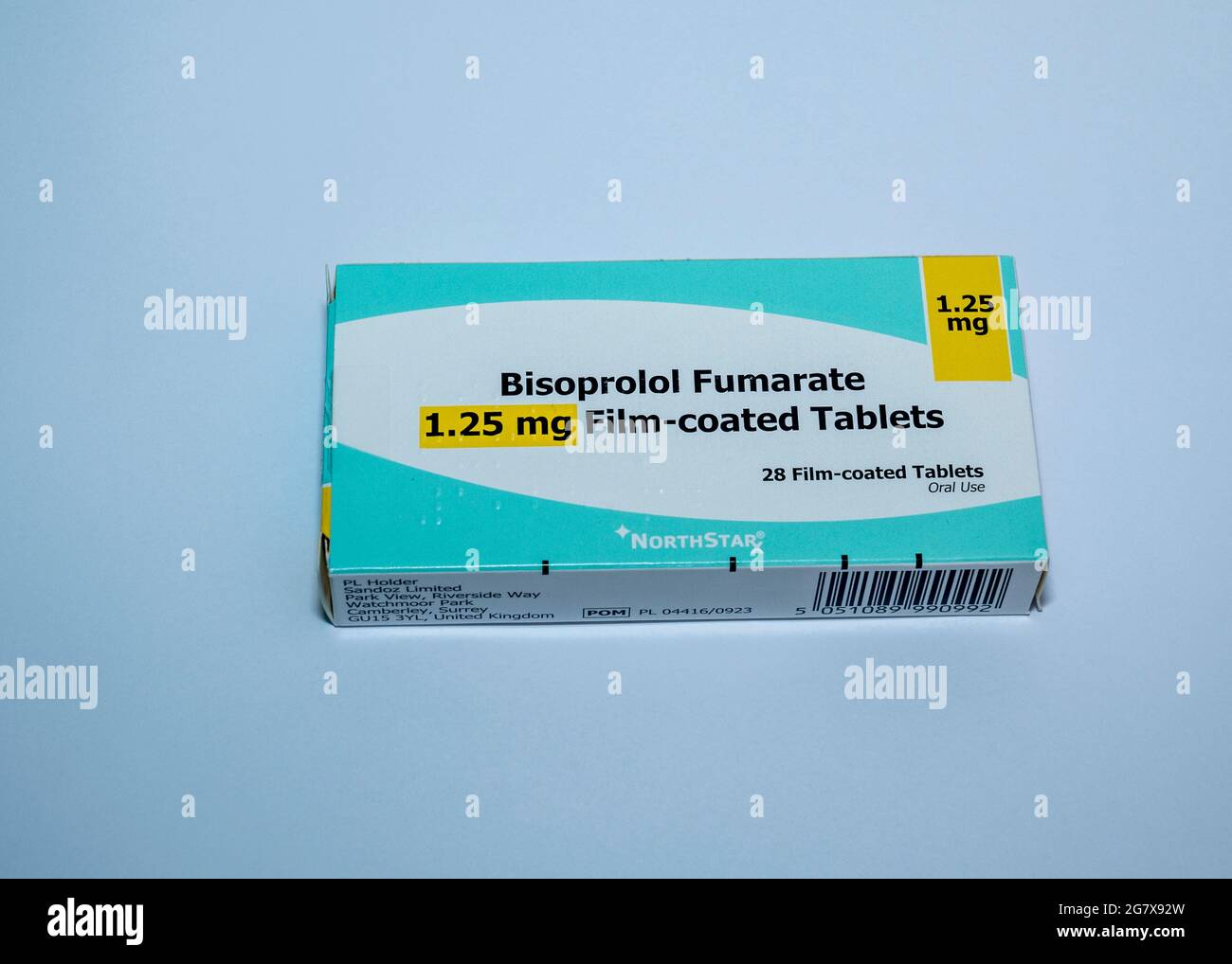 Un'immagine di una scatola di Bisoprolol fumarato 1,25mg compresse rivestite con film. Un farmaco beta-bloccante spesso utilizzato per abbassare la pressione sanguigna Foto Stock