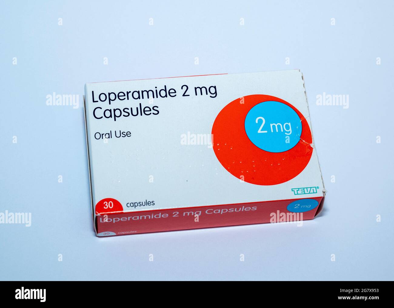 Immagine di una scatola di capsule di Loperamide 2mg per il rallentamento di un movimento intestinale attivo Foto Stock