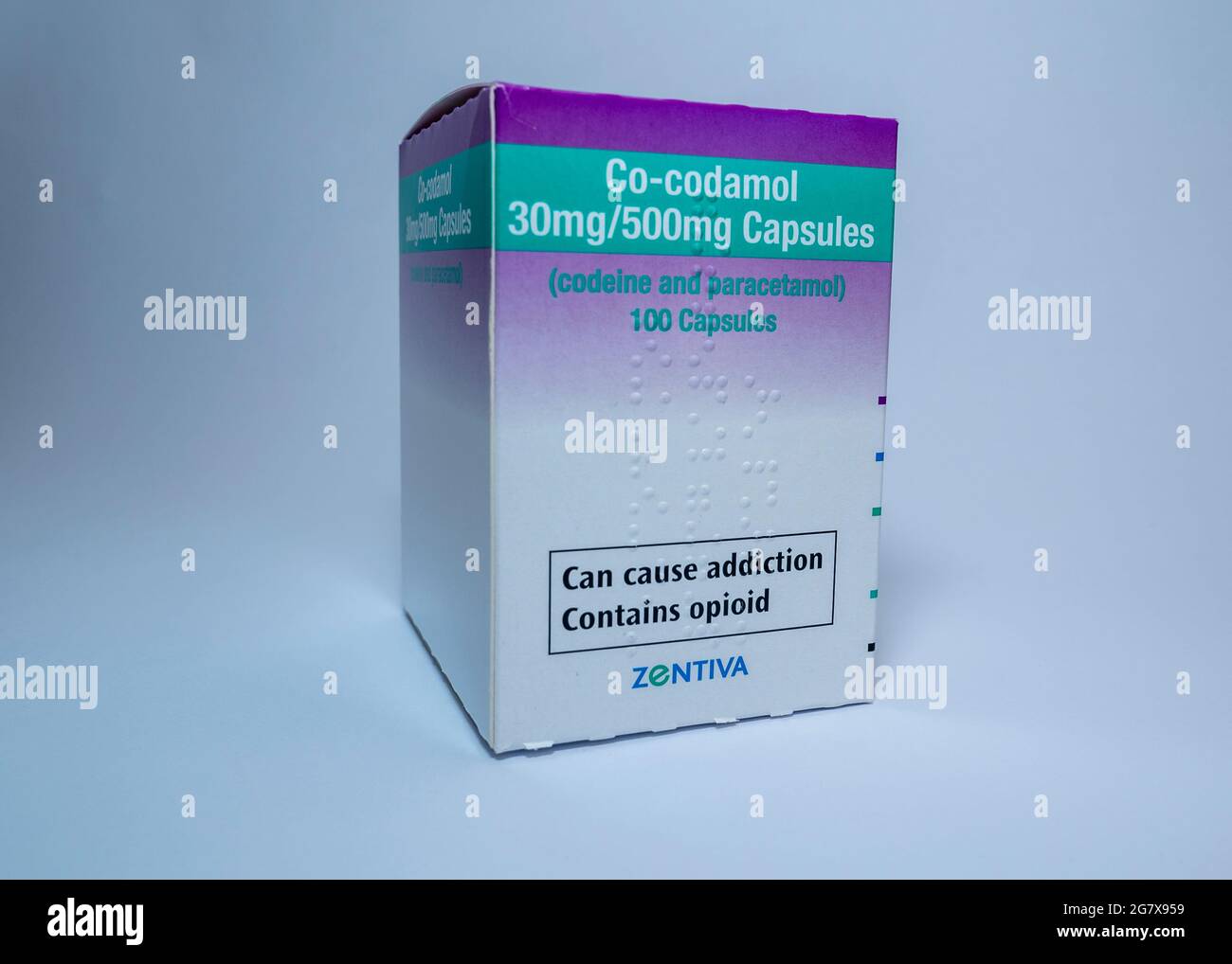 Un'immagine di una scatola di compresse di Co-codamolo 30mg500mg capsule per il sollievo del dolore acuto moderato. Foto Stock