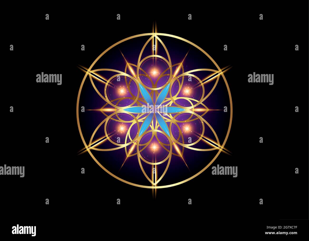 Fiore di vita simbolo geometria Sacra. Oro lusso Logo icona rotondo geometrico mistico blu loto mandala di alchimia seme esoterico della vita. Vettore divino Illustrazione Vettoriale