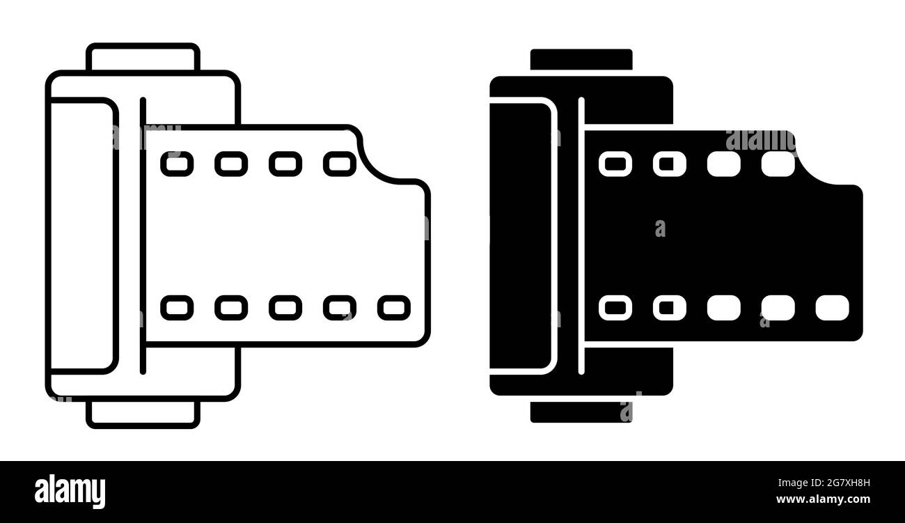 Icona lineare. Cilindro con vecchia pellicola fotografica da 35 mm. Giornata mondiale della fotografia 19 agosto. Semplice vettore in bianco e nero Illustrazione Vettoriale