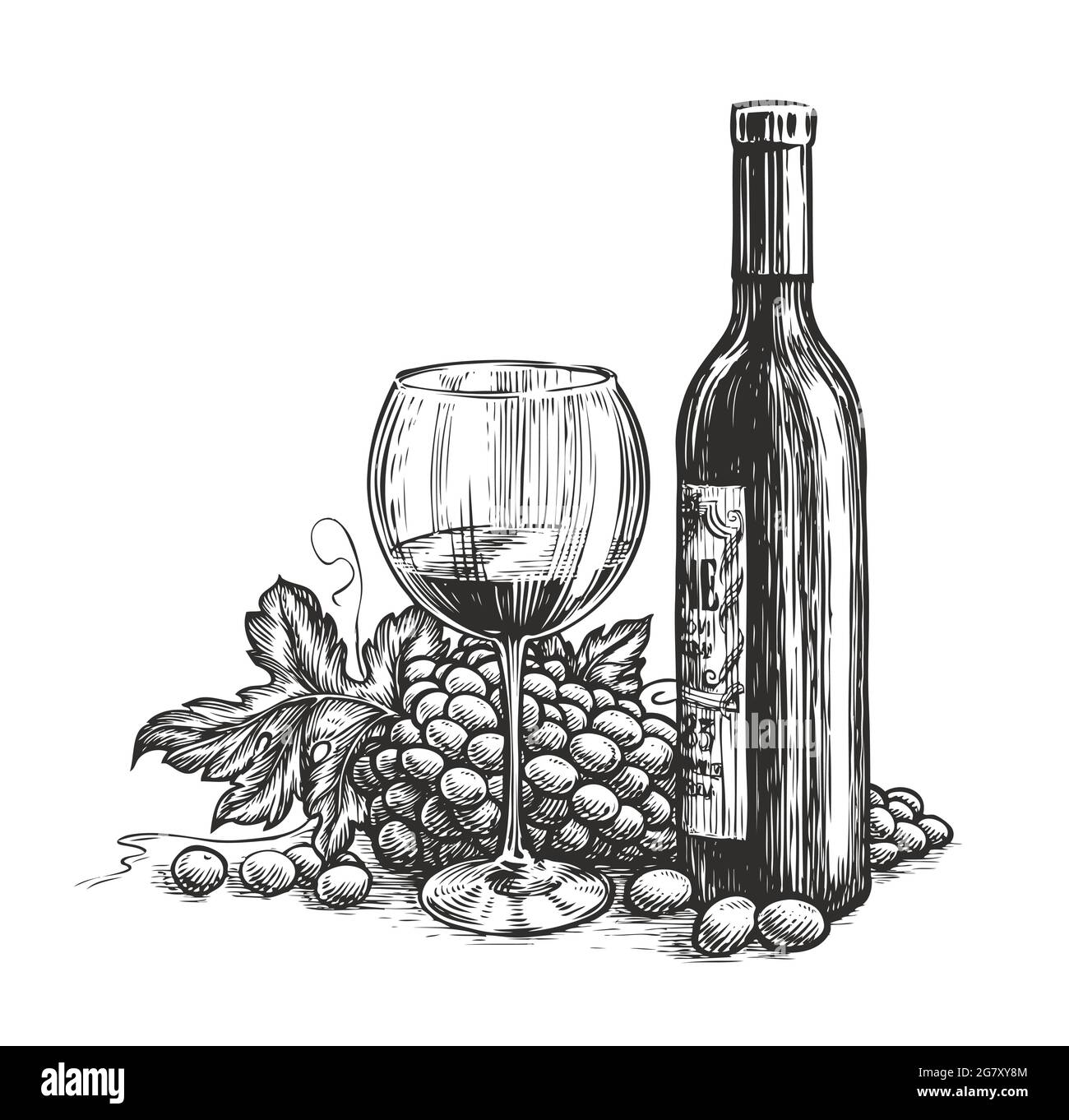 Bottiglia di vino con un bicchiere e uva. Cantina, bevanda alcolica in stile incisione. Illustrazione vettoriale dello schizzo Illustrazione Vettoriale