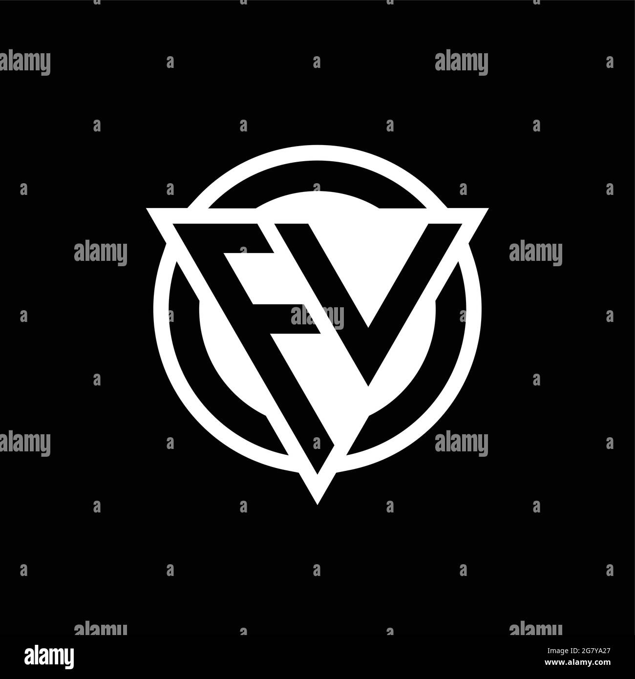 Logo FV con forma a triangolo spaziale negativo e modello di design arrotondato circolare isolato su sfondo nero Illustrazione Vettoriale