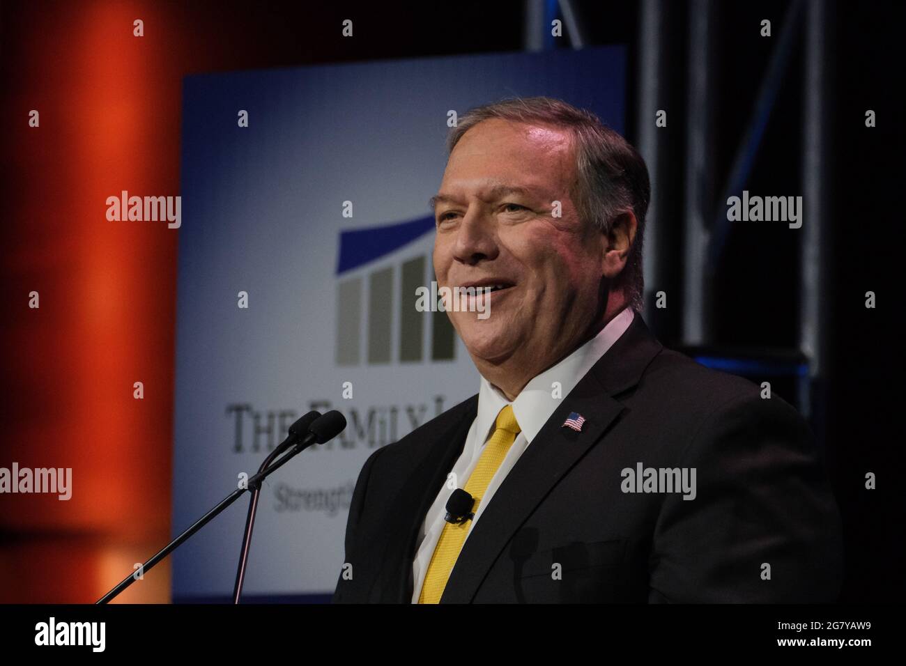 Des Moines, Iowa, Stati Uniti. 16 luglio 2021. L'ex Segretario di Stato americano MIKE POMPEO parla al Family Leadership Summit 2021 a Des Moines, Iowa, il 16 giugno 2021. Il summit è organizzato dal leader della famiglia, un ministero cristiano senza scopo di lucro con sede a Urbandale, Iowa. Credit: Fritz Nordengren/ZUMA Wire/Alamy Live News Foto Stock