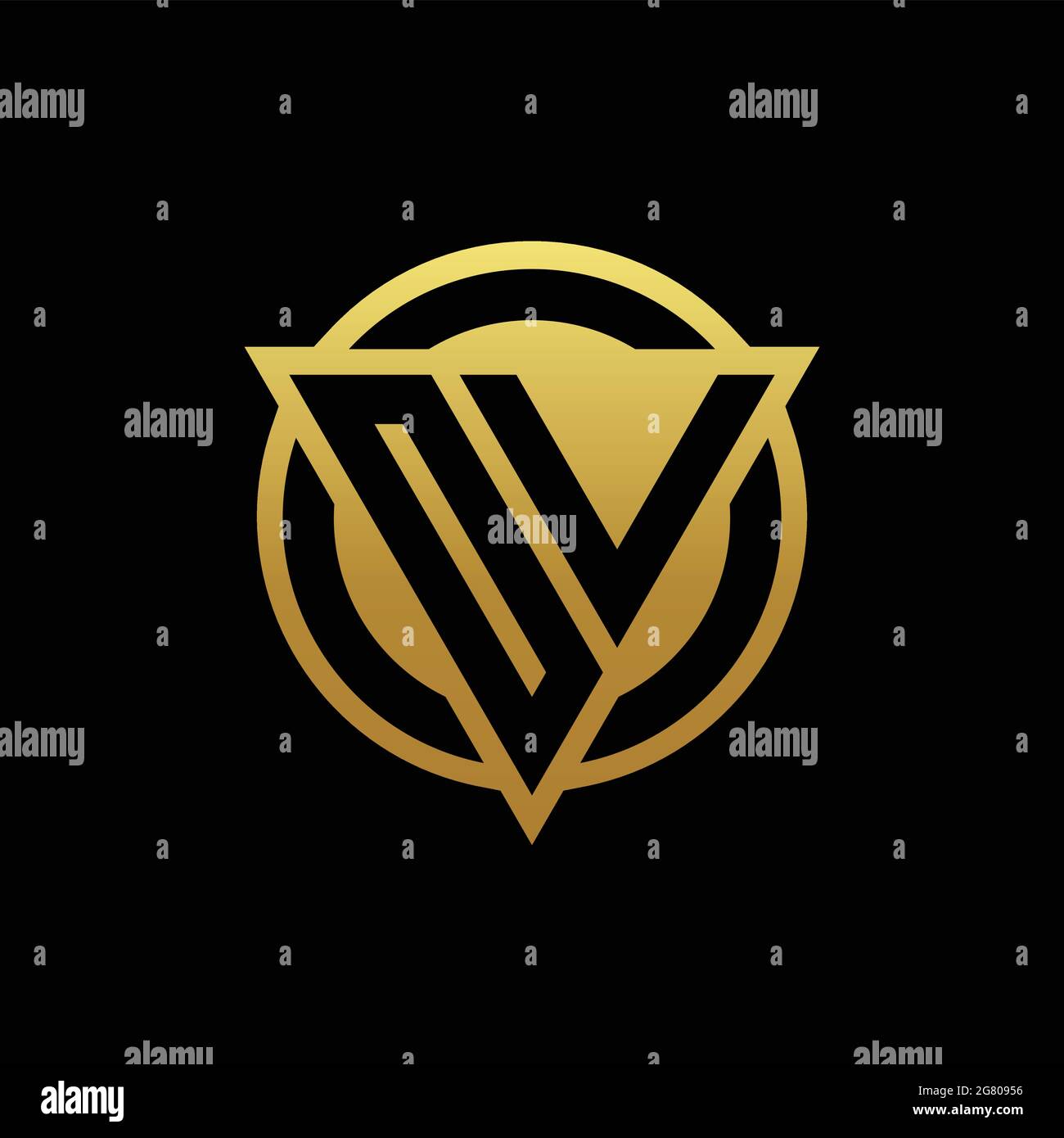 Monogramma con logo OV a forma di triangolo e cerchio arrotondato isolato su colori oro e modello di sfondo nero Illustrazione Vettoriale