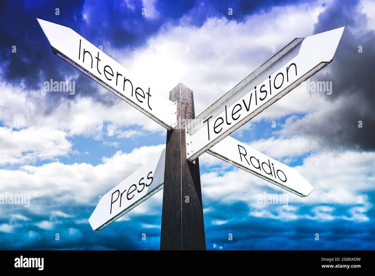 Internet, televisione, stampa, radio Concept - segnale con quattro frecce Foto Stock