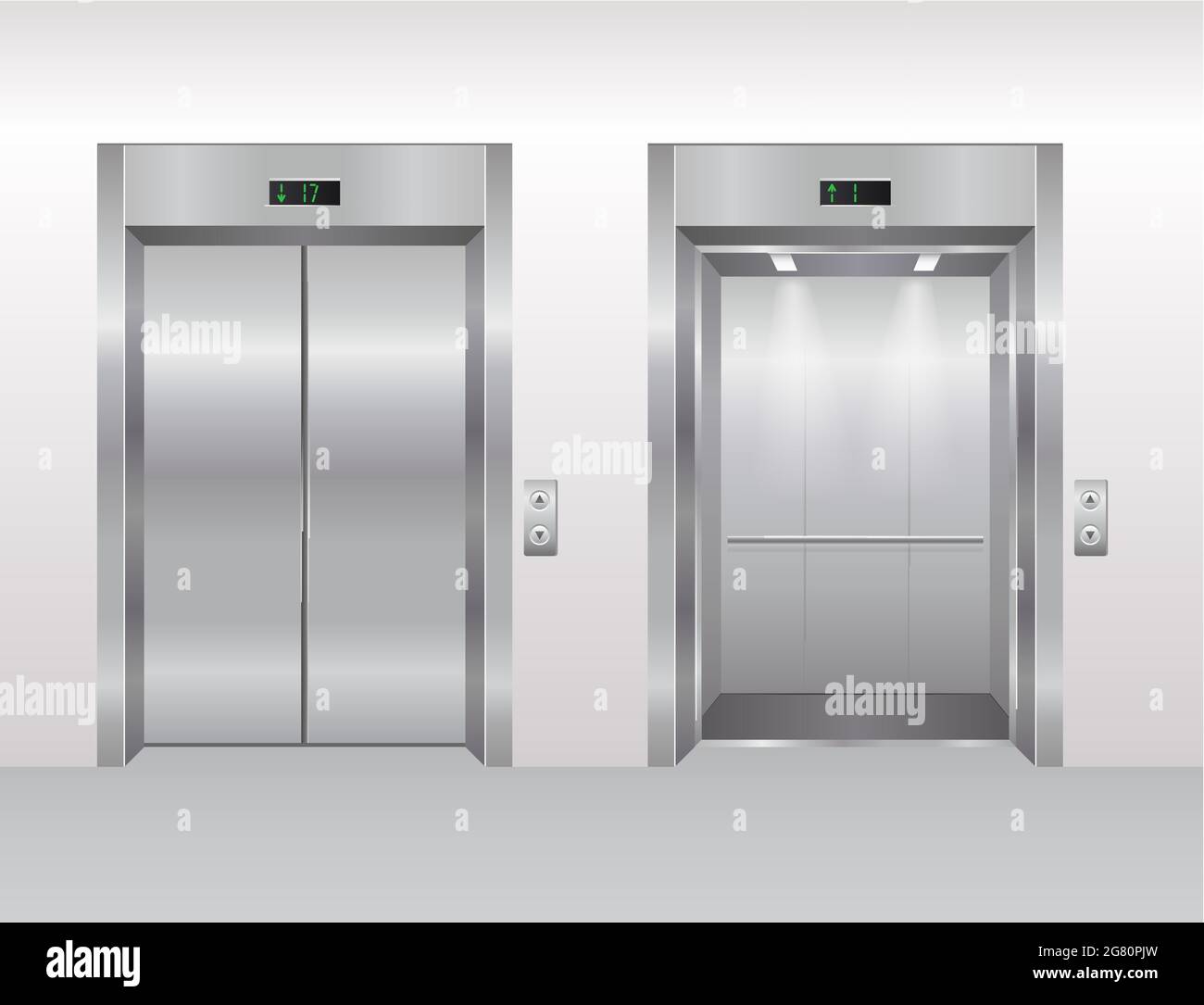 Ascensore porte illustrazione vettoriale, cartoon piano vuoto moderno ufficio o hotel interno, porte realistiche ascensore aperte e chiuse Illustrazione Vettoriale