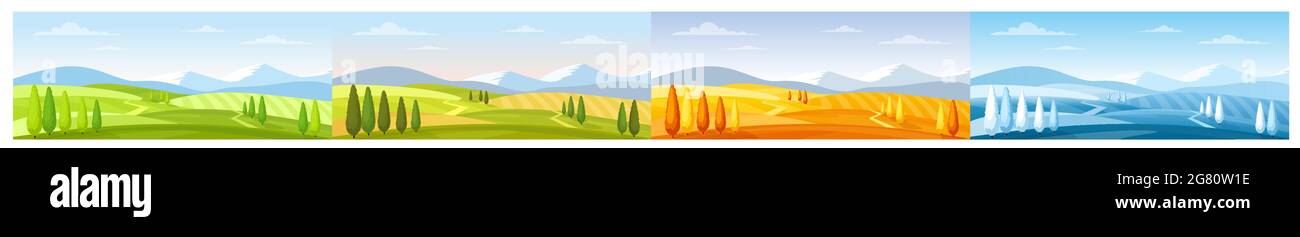 Cartoon estate primavera autunno inverno scene con prato verde prato, blu neve colline, giallo campi selvaggi, scenario panorama sfondo. Illustrazione Vettoriale
