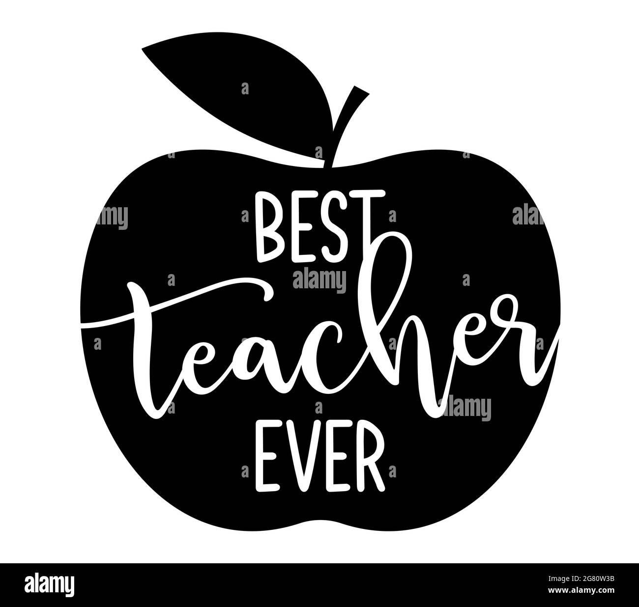Migliore insegnante mai - disegno tipografico nero con il simbolo della mela. Ideale per abiti, set regalo, foto o poster motivazionali. Buono omaggio per il giorno dell'insegnante. Illustrazione Vettoriale