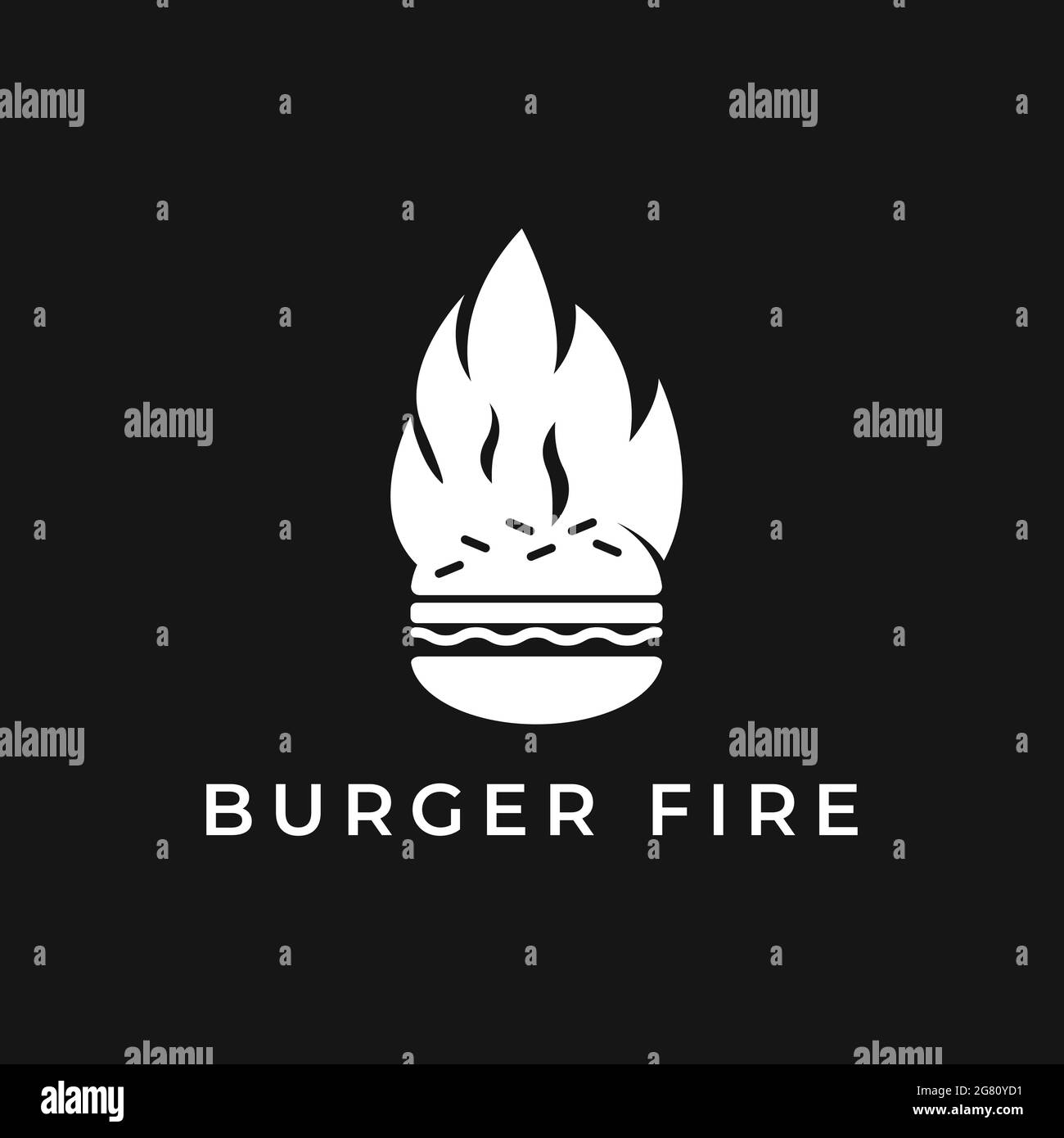Logo Burger Fire. Il design del ristorante Hamburger, dal design piatto, è dotato di un grande hamburger con fuoco su sfondo scuro. Illustrazione Vettoriale