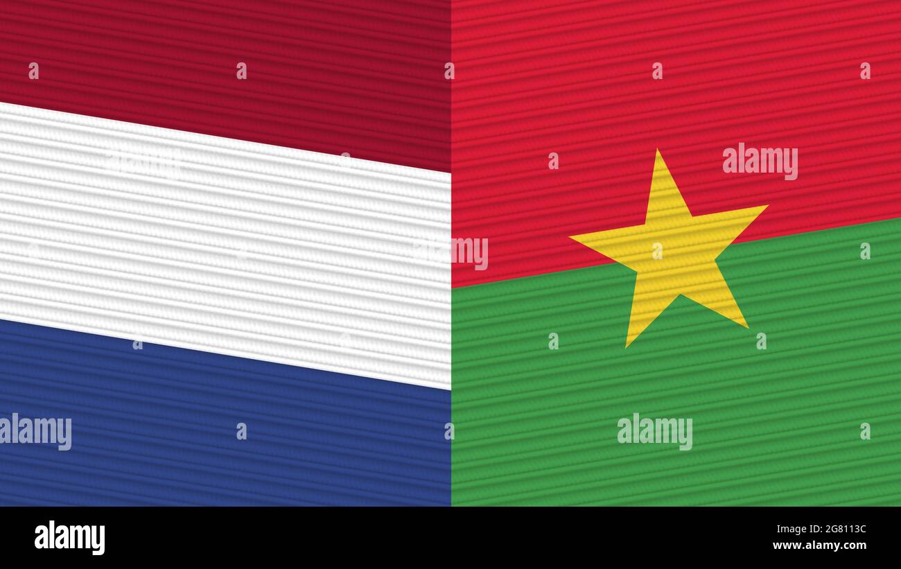 Burkina Faso e Olanda due Half Flags insieme tessile illustrazione Foto Stock