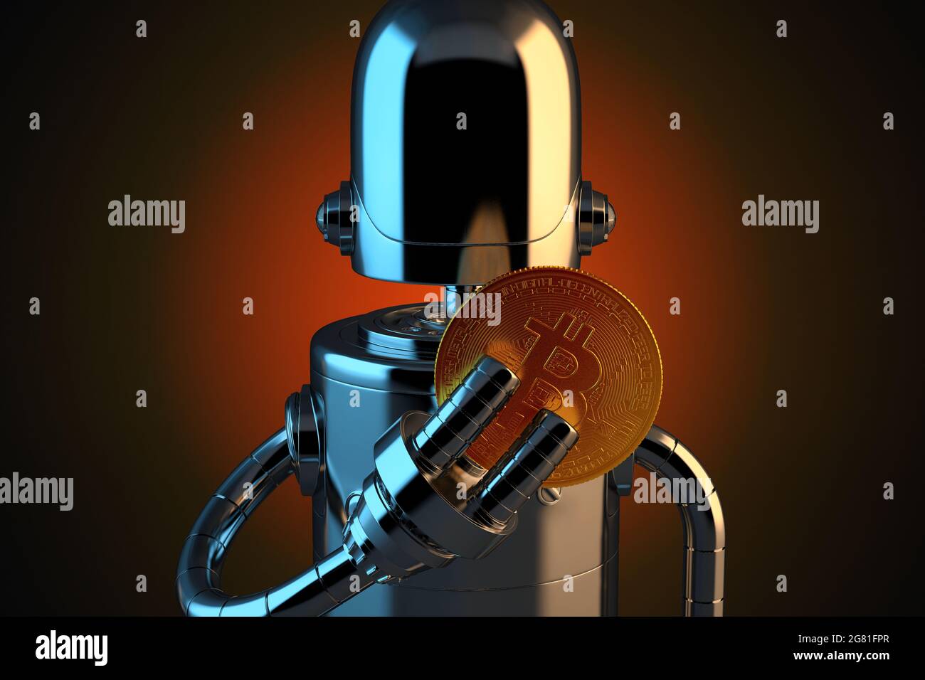 Robot che tiene la moneta di bitcoin nelle dita. Illustrazione 3D Foto Stock
