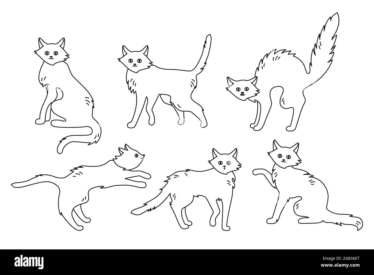 Cat Active Poses, set di dodle con contorno nero. Sano kitten cartoon, carino o spaventoso, arrabbiato malvagi gatti della collezione di Halloween. Divertente gioco personaggio animale domestico wild kitty design. Illustrazione vettoriale Illustrazione Vettoriale