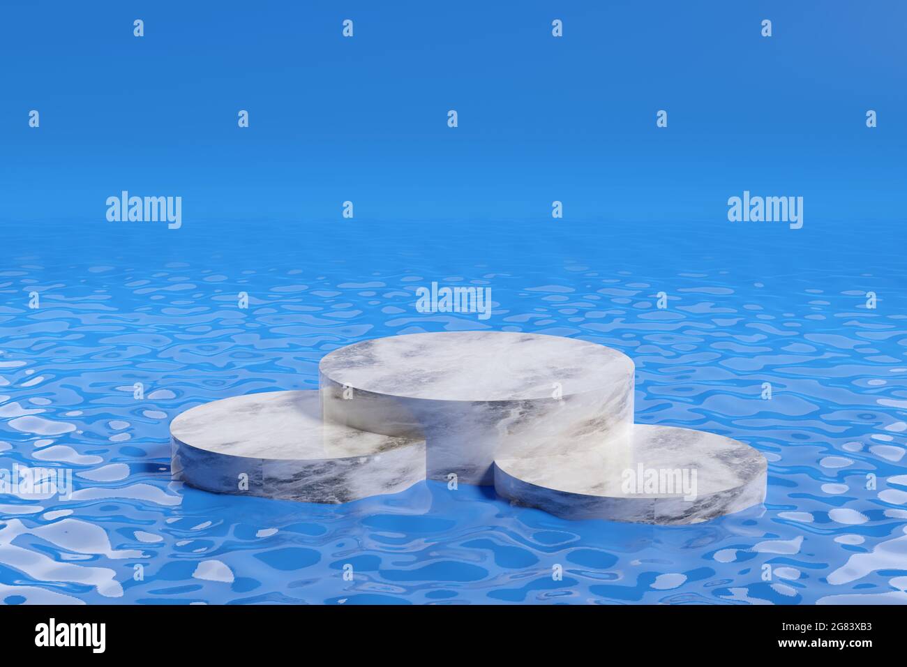 Piedistallo in marmo sull'acqua su sfondo blu. illustrazione 3d. Foto Stock