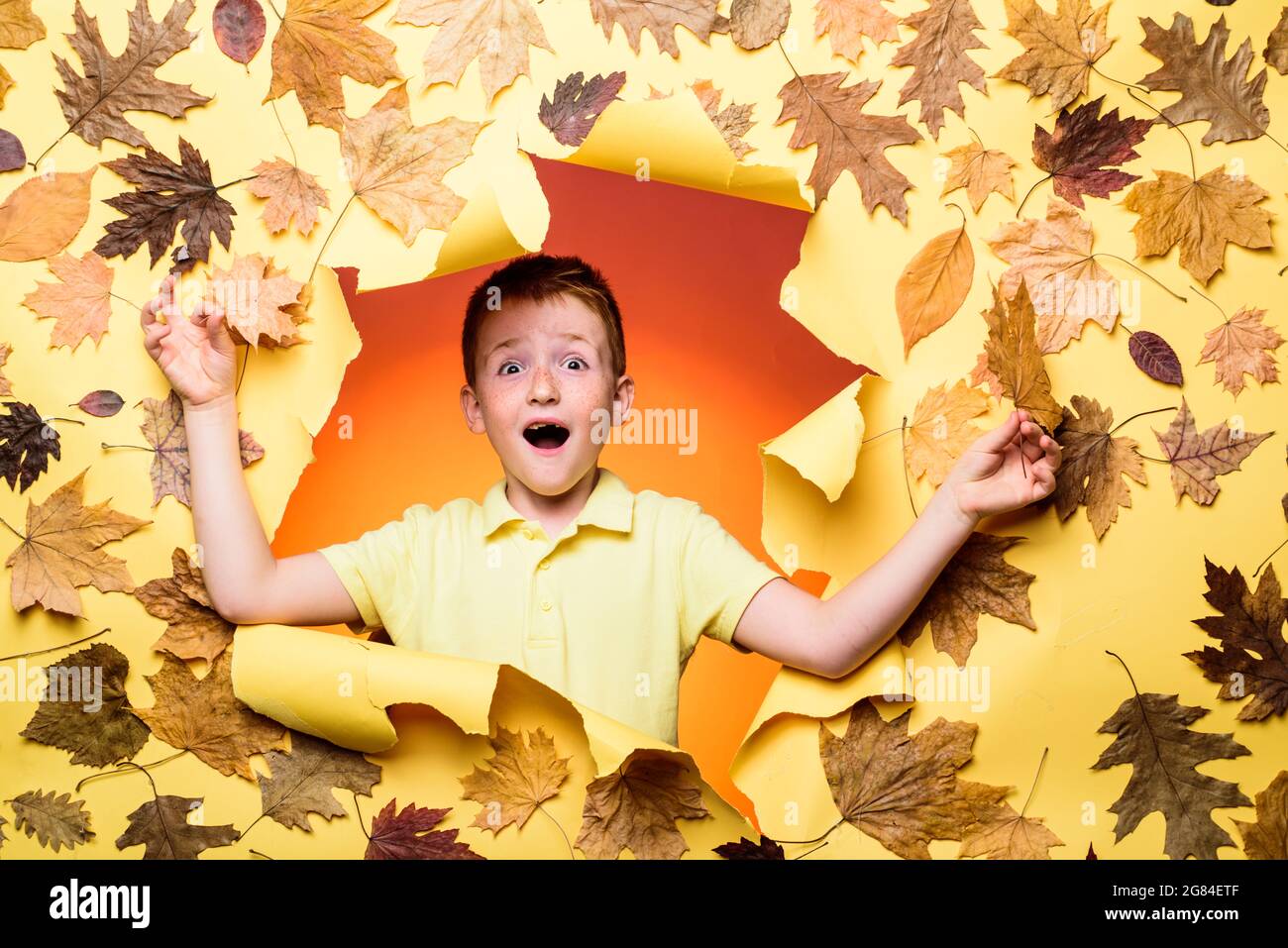 Felici i bambini in autunno. Buon ragazzo carino intelligente. Ritratto di un bel ragazzo Redhead felice primo piano. Periodo autunnale per la vendita della moda. Felici i bambini che giocano. Foto Stock