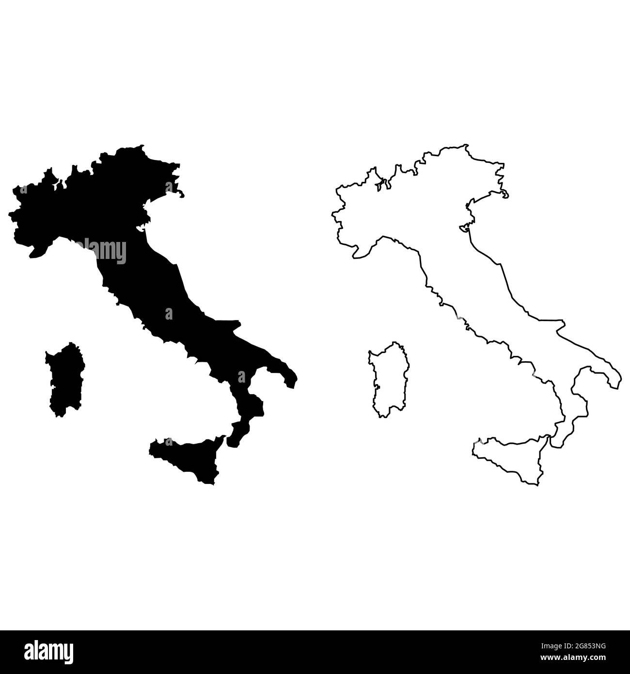 Mappa nera dell'Italia su sfondo bianco. Mappa generale del segno italiano. Stile piatto. Foto Stock