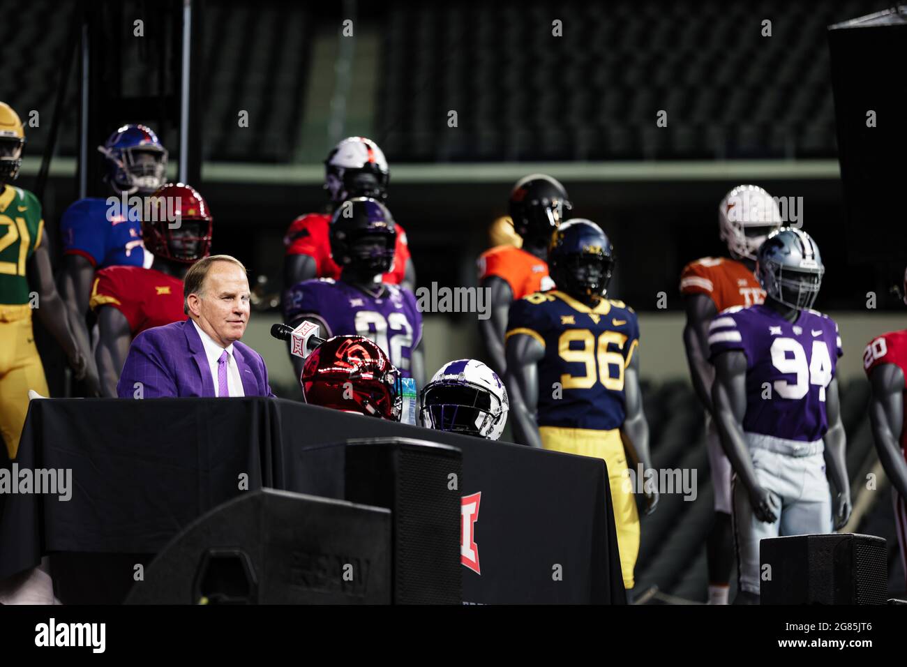 Gary Patterson, direttore della TCU Horned Frogs, parla durante il Big 12 Conference Media Day, mercoledì 14 luglio 2021, ad Arlington, TX. (Mario Terrana/immagine Foto Stock