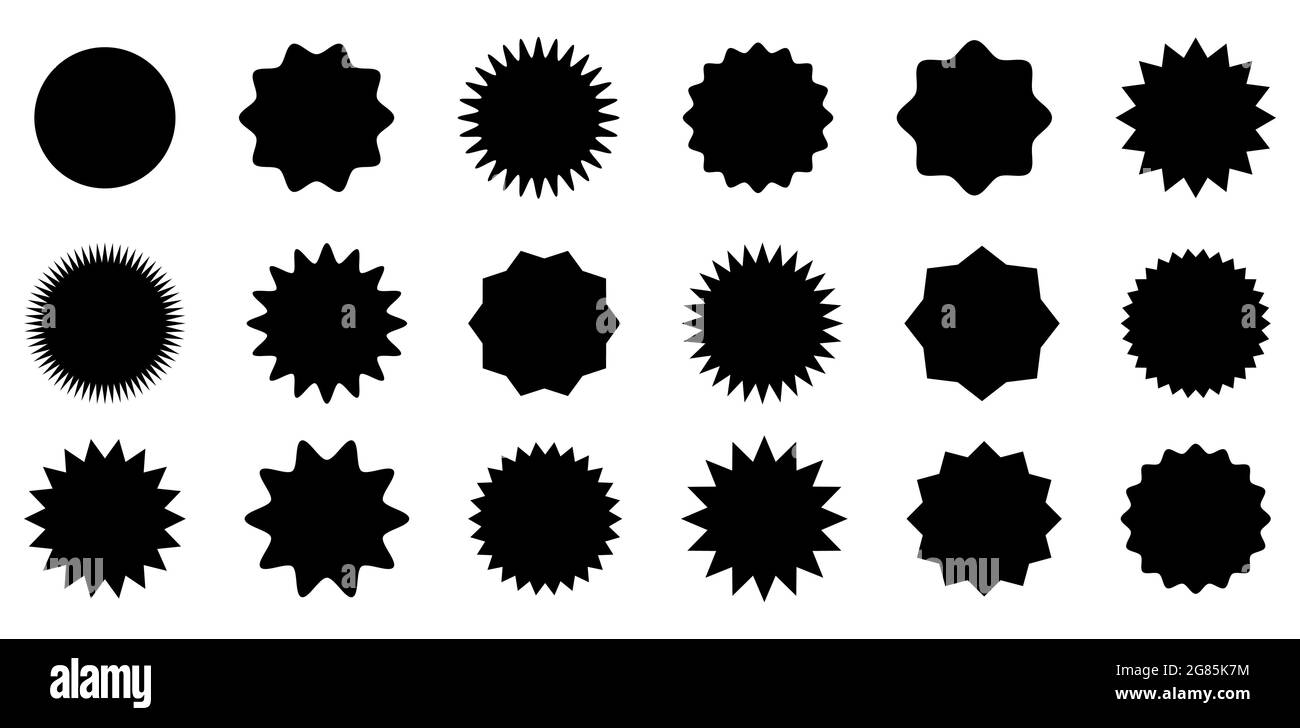 Set di adesivi in vendita neri. Etichetta del prezzo vettoriale a stella o badge del marchio di qualità per la progettazione di modelli vuoti Illustrazione Vettoriale