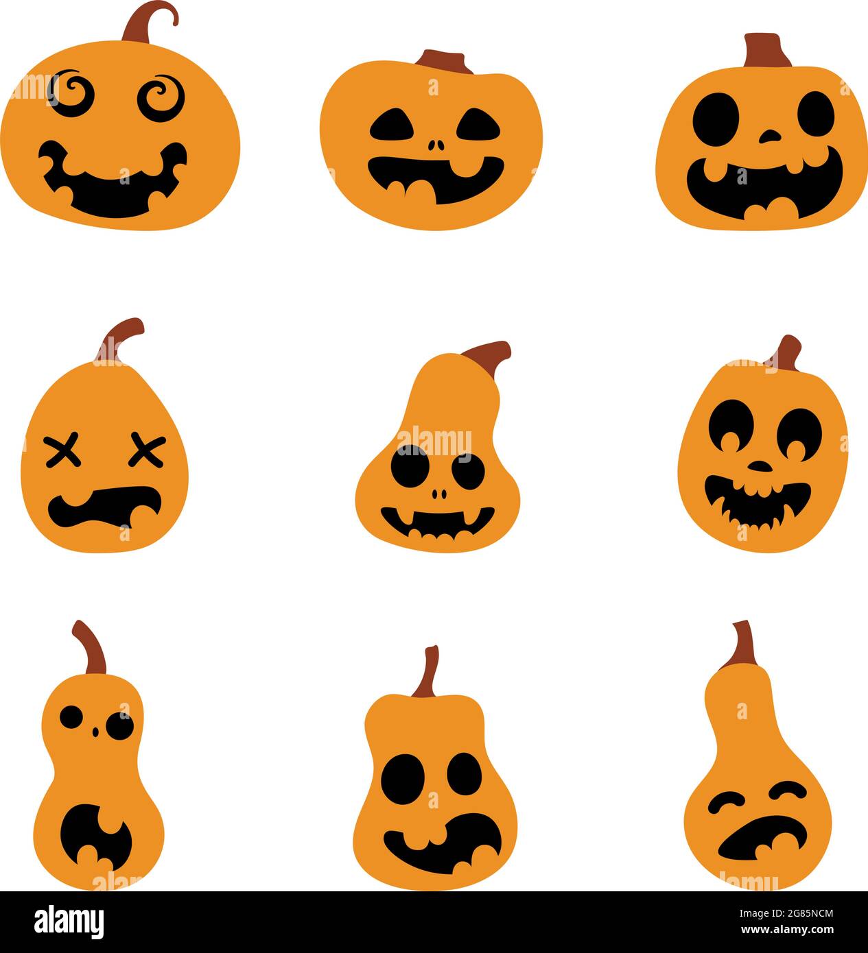 Set di zucche spaventose di Halloween. Illustrazione delle espressioni facciali Jack-o-lantern. Semplice collezione di immagini horror spaventose di zucche arancioni. Isolare Illustrazione Vettoriale