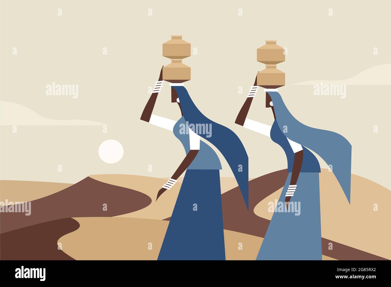 Donne che camminano con vasi d'acqua sulla testa in un deserto Illustrazione Vettoriale