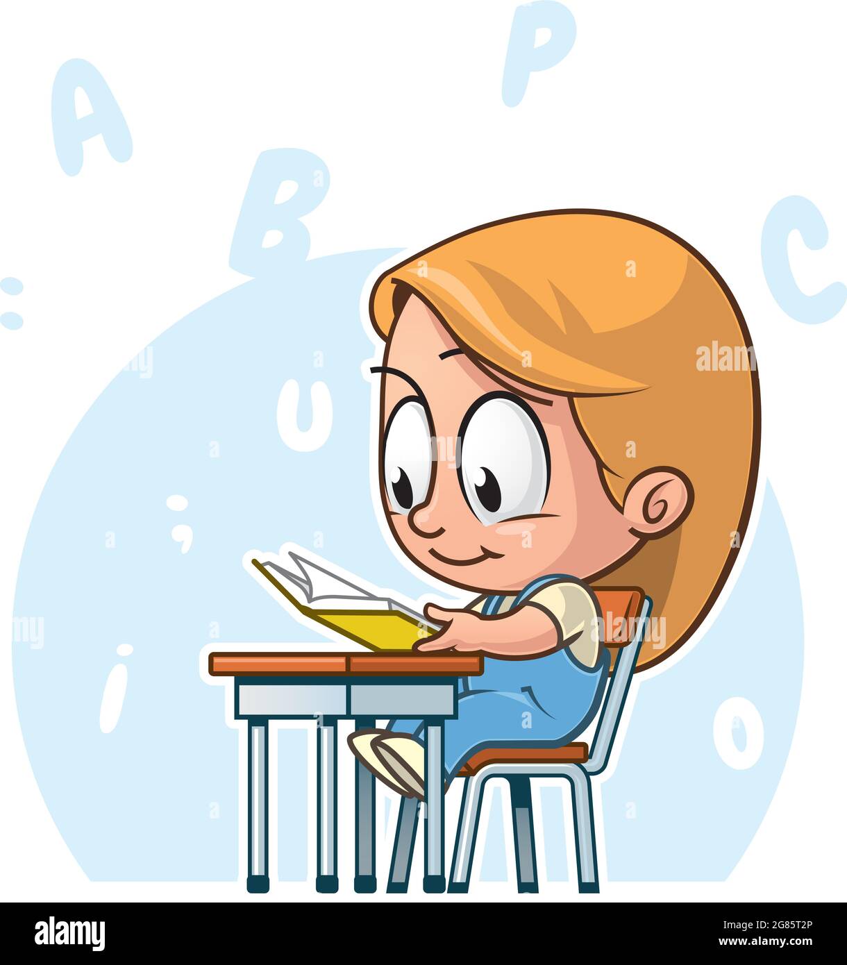 Illustrazione cartoon di un bambino elementare che legge un libro Illustrazione Vettoriale