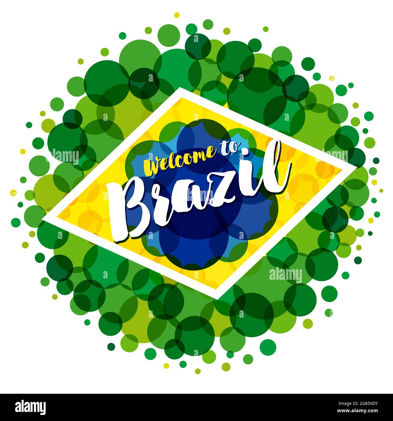 Benvenuti in Brasile copertina idea. Elementi con bandiera brasiliana con moderna struttura a bolle. Concetto creativo nazionale di fondo. Desi grafico astratto isolato Illustrazione Vettoriale