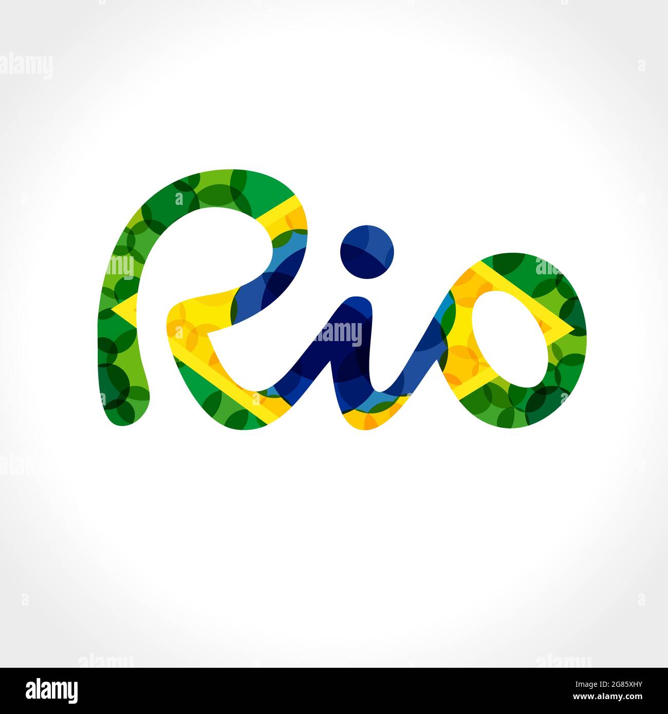 Benvenuto all'idea del logo Rio. Elementi con bandiera brasiliana con moderna struttura a bolle. Concetto creativo nazionale di fondo. Disegno grafico astratto isolato t Illustrazione Vettoriale
