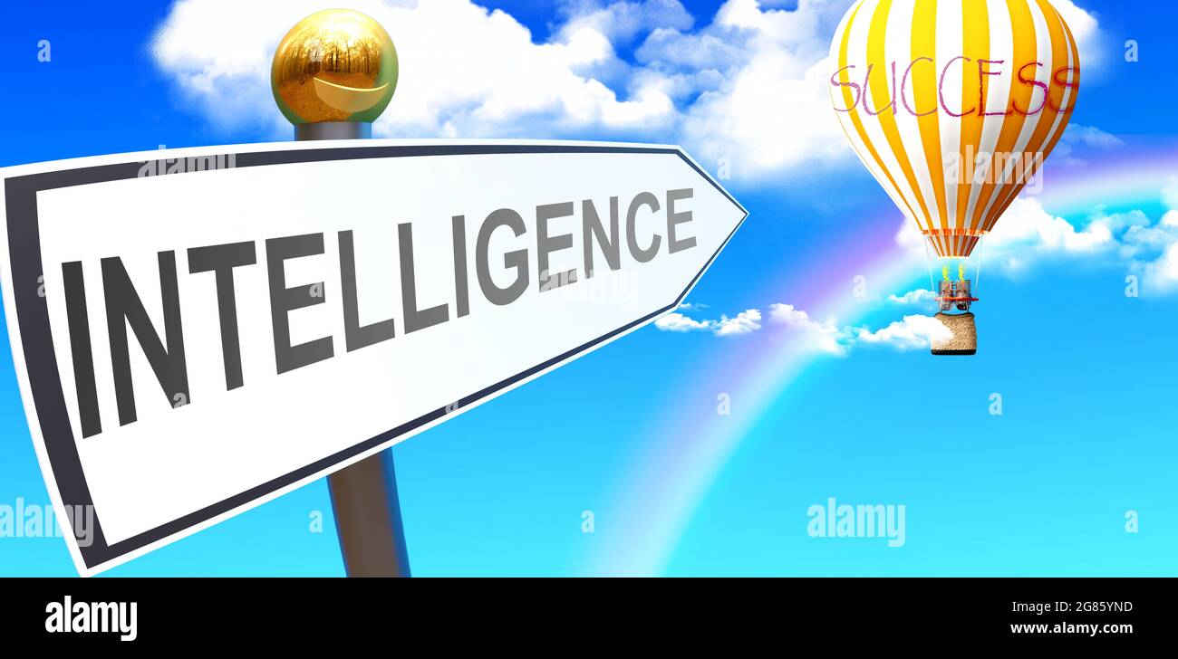 L'intelligenza porta al successo - mostrato come un segno con una frase intelligenza che punta al palloncino nel cielo con le nuvole per simboleggiare il significato di Inte Foto Stock