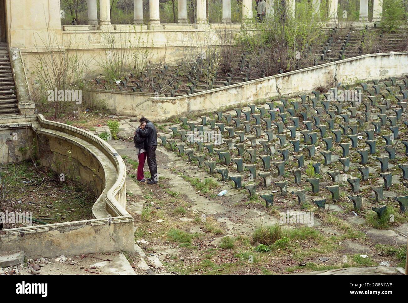 Bucarest, Romania, 2000. Romania, 2001. Attori Irina Dinescu & Emil Hostina durante la ripresa del film 'rapporto sullo stato della nazione' . Foto Stock