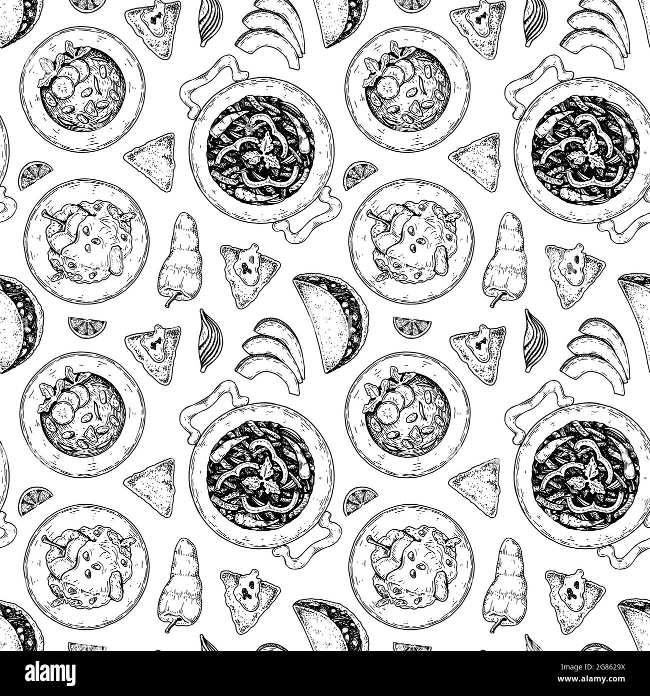 Piatti messicani senza cuciture con taco, nacho chips, fajitas. Illustrazione vettoriale nello stile di schizzo Illustrazione Vettoriale