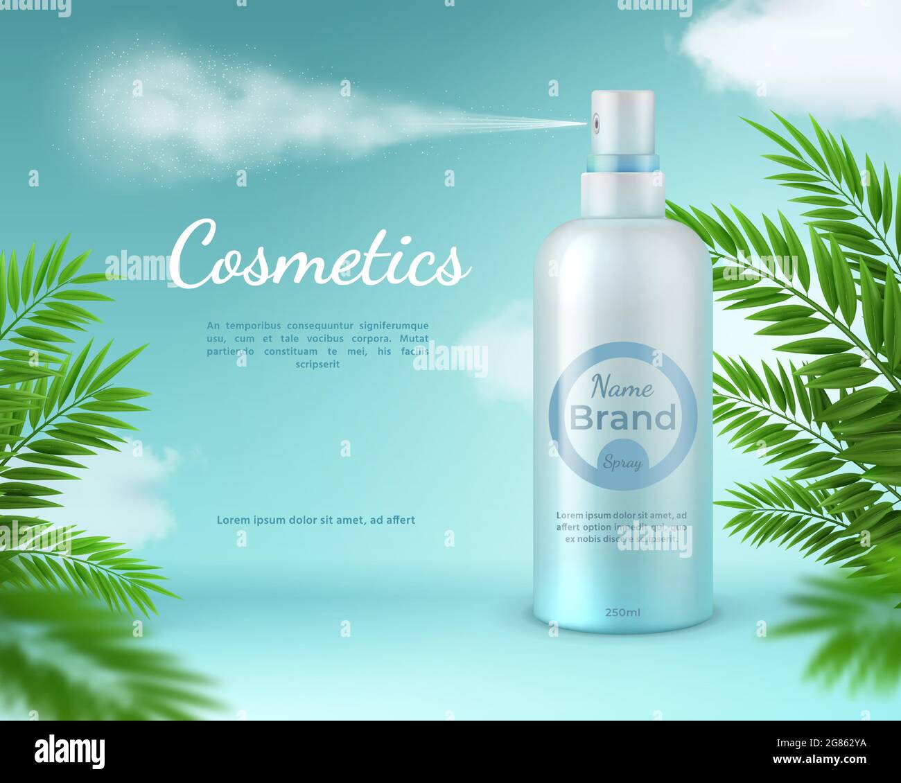 Striscione spray cosmetico. Poster prodotto naturale per la cura della pelle con foglie di palma tropicali e nuvole di cielo. Modello vettoriale per flacone spruzzatore 3d realistico Illustrazione Vettoriale