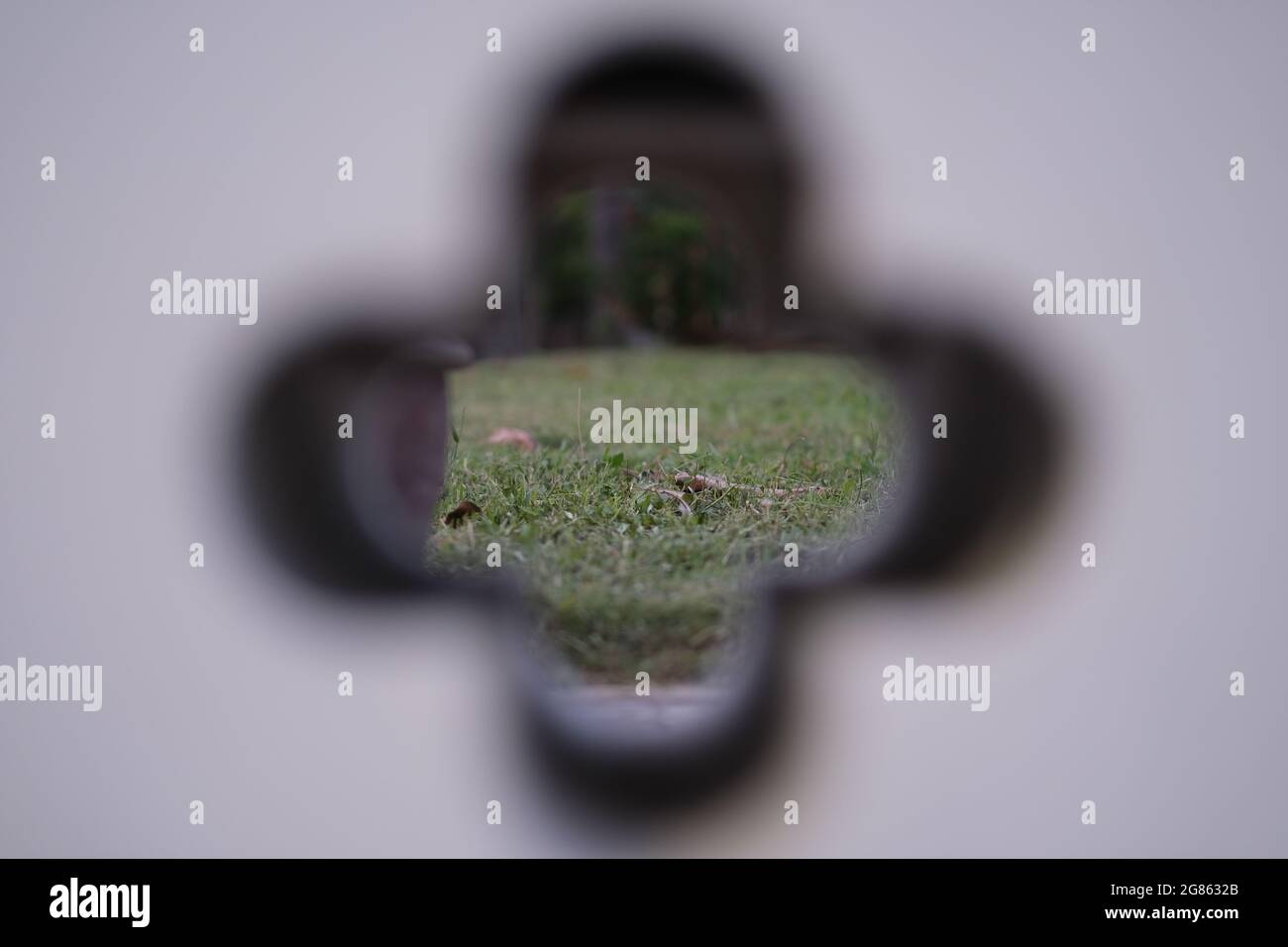Uno sguardo attraverso il foro in una parete spessa ad un prato verde Foto Stock