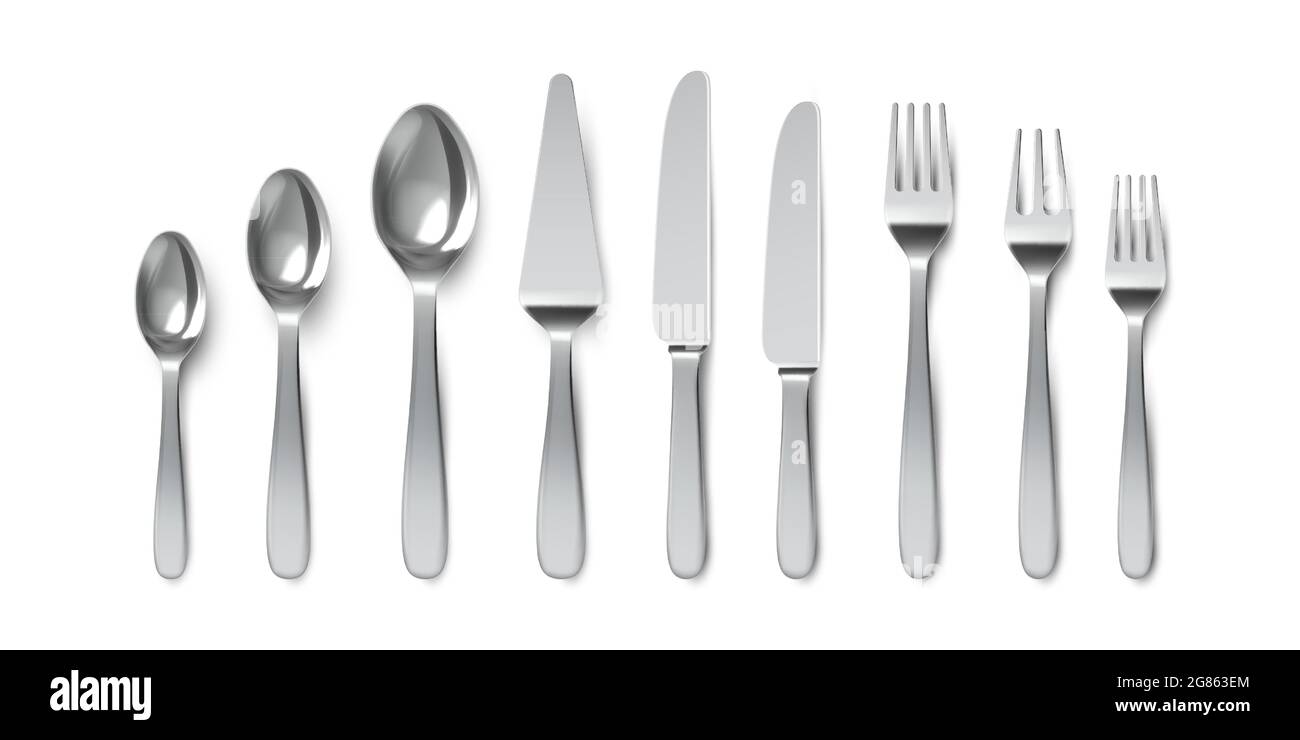 Posate realistiche. Cucchiai, forcelle e coltelli da tavolo. Utensile di argenteria per servire. Cucchiaio da dessert e coltello per torte. Set vettoriale per stoviglie in metallo Illustrazione Vettoriale