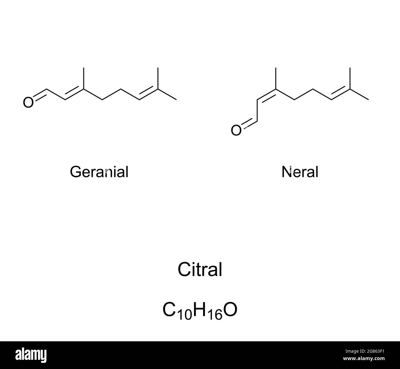 Formule chimiche citrali o limonali. Miscela di composti organici geraniali e nerali. Terpenoidi e isomeri con la stessa formula molecolare C10H16O. Foto Stock