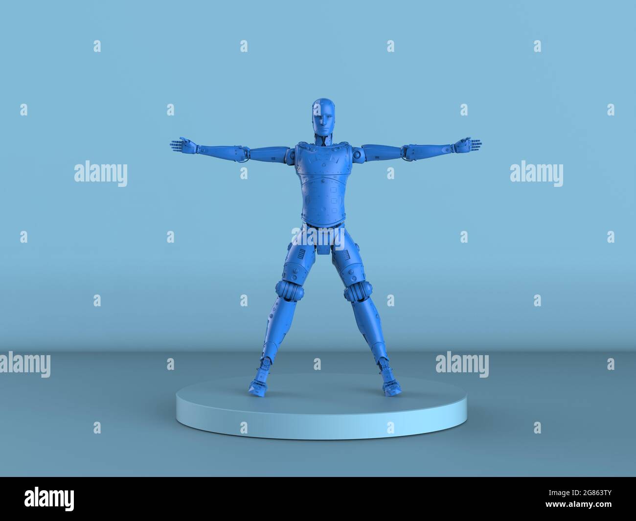 3d rendering blu robot vitruviano o cyborg su sfondo blu Foto Stock