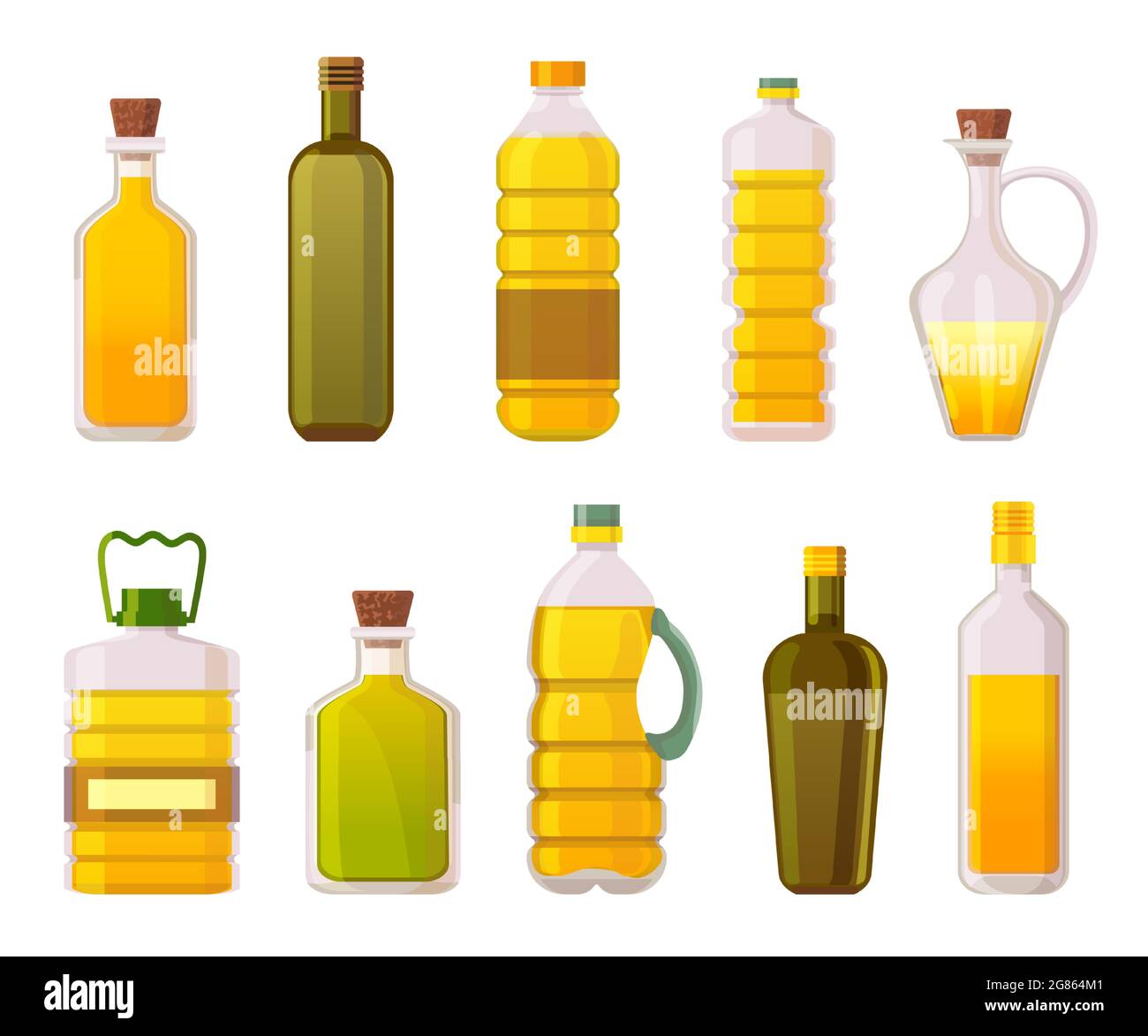 Bottiglie di olio. Oli da cucina di girasole, olive, mais e verdure in confezioni di vetro e plastica. Set vettoriale per prodotti a base di olio organico extra vergine Illustrazione Vettoriale