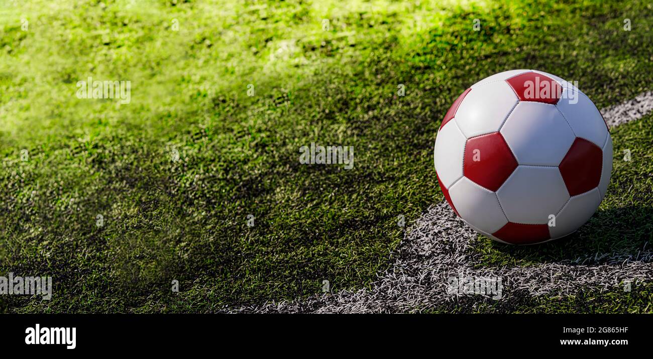 Palla da calcio in pelle sul campo da calcio. Foto Stock