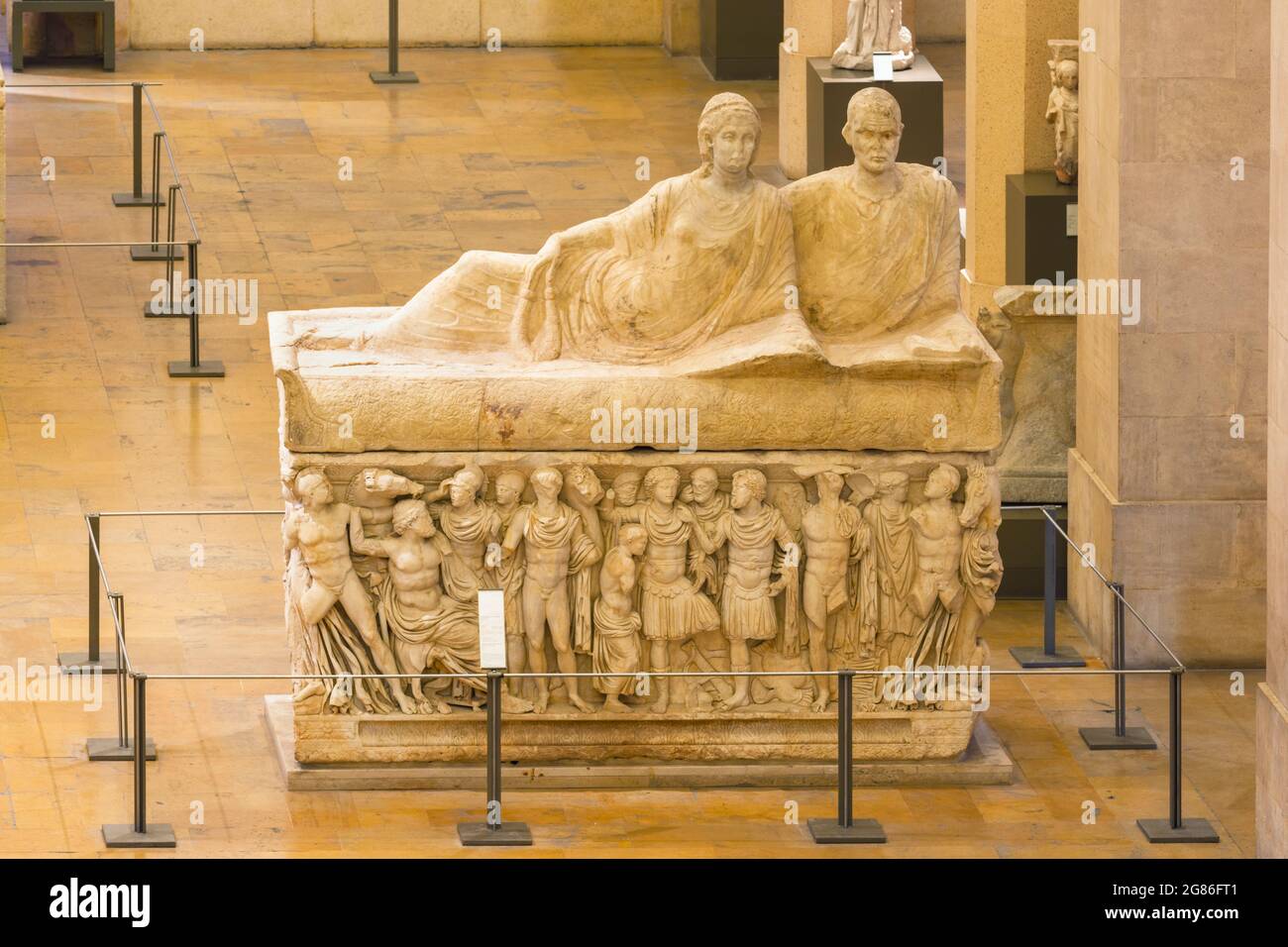 Sarcofago in pietra ornato nel Museo Nazionale di Beirut, Beirut, Libano Foto Stock
