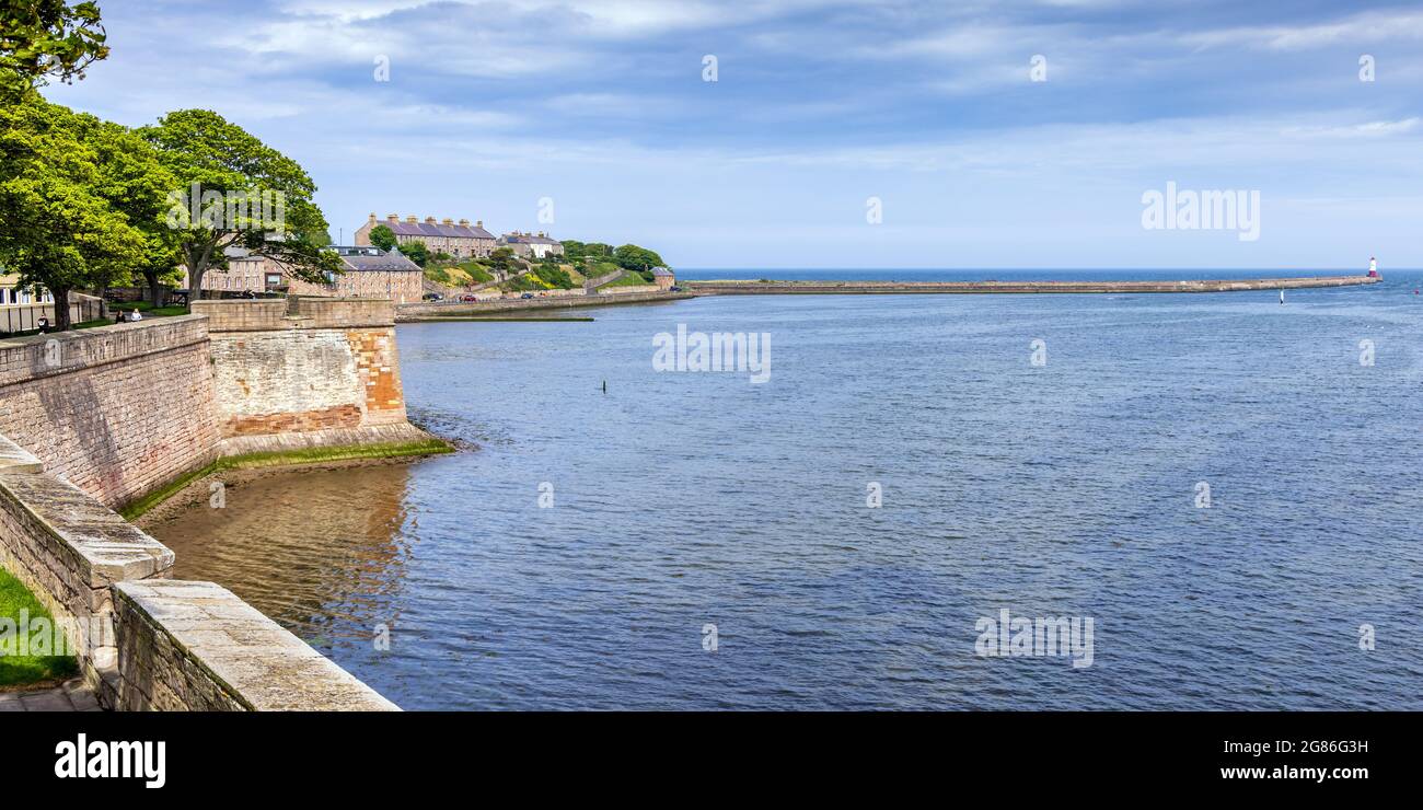 Molo di Berwick e faro alla foce del fiume Tweed a Berwick-upon-Tweed, Northumberland, preso dalle mura della città. Foto Stock