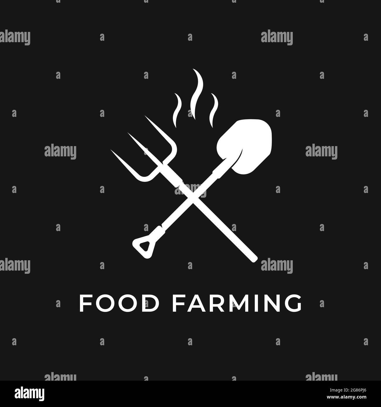 Logo del ristorante con icona a forma di tridente e pala, con concetto di strumenti da giardinaggio, design minimalista semplice. Illustrazione Vettoriale