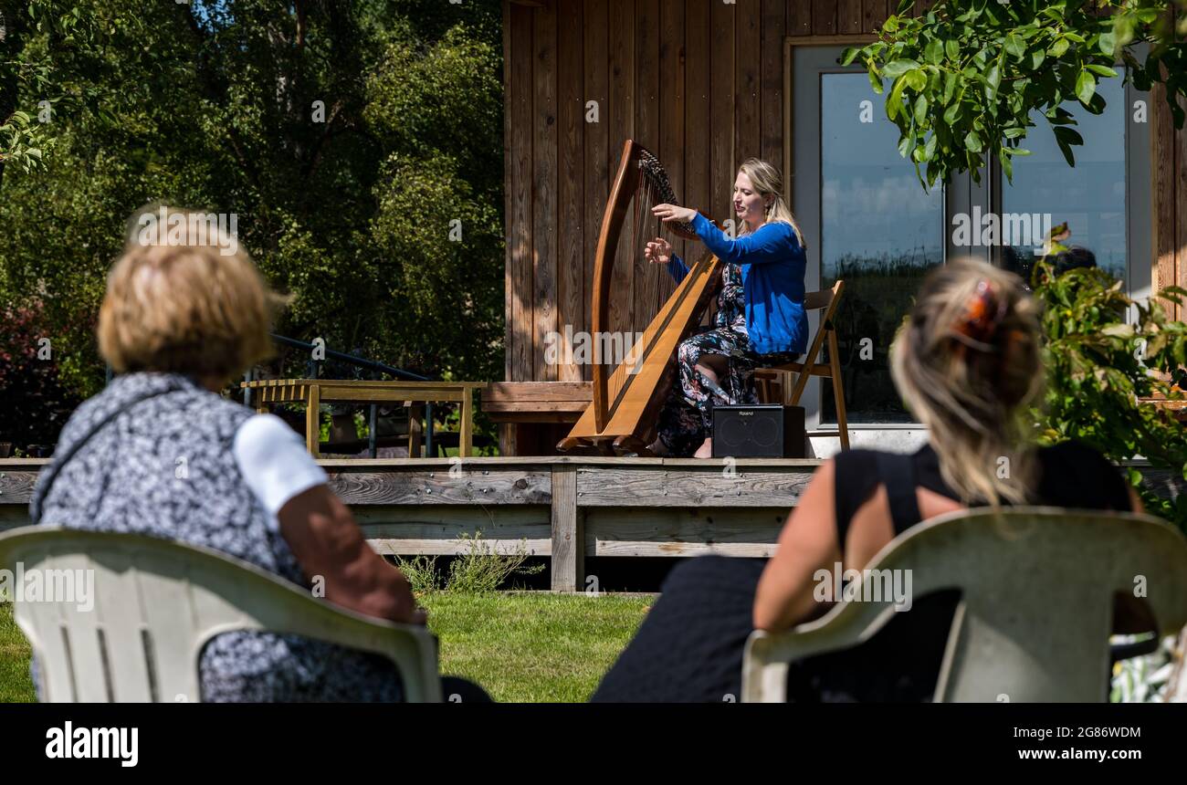 Haddington, East Lothian, Scozia, Regno Unito, 17 luglio 2021. L'arpista celtica Ailie Robertson suona nel giardino murato di Amisfield: Un concerto socialmente distanziato si svolge nel giardino murato gestito da volontari, uno dei più grandi della Scozia. Ailie Robertson è un premiato compositore e performer che suona musica tradizionale e contemporanea arpa Foto Stock