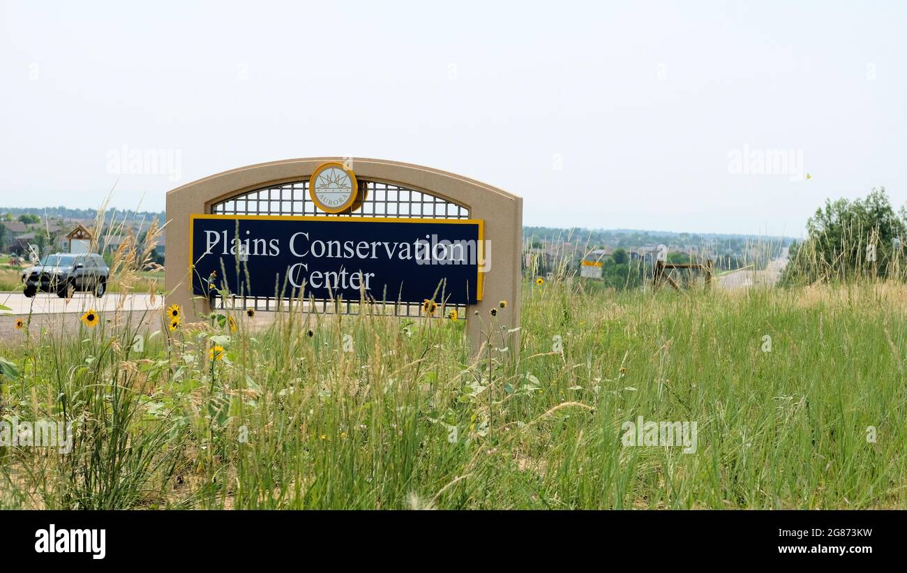 Cartello d'ingresso al Plains Conservation Centre ad Aurora, Colorado; struttura di educazione e conservazione all'aperto e area naturale designata dallo stato. Foto Stock