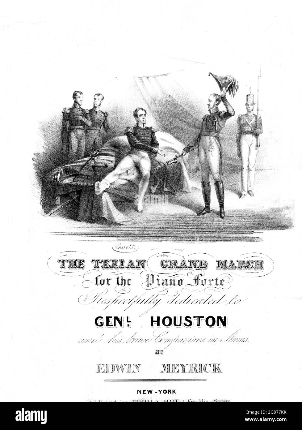 The Texian Grand March, 1836 partiture litografiche con il generale Sam Huston e l'indipendenza del Texas. Foto Stock