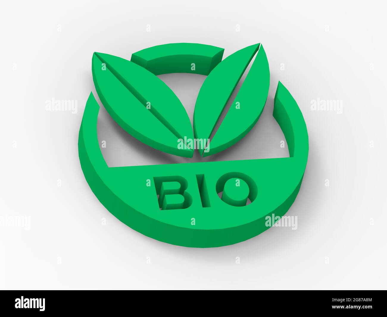 Icona 3D verde e rotonda con due foglie, messaggio di bio, biologico, ecologico, sano stile di vita, conservazione dell'ambiente, sfondo bianco Foto Stock