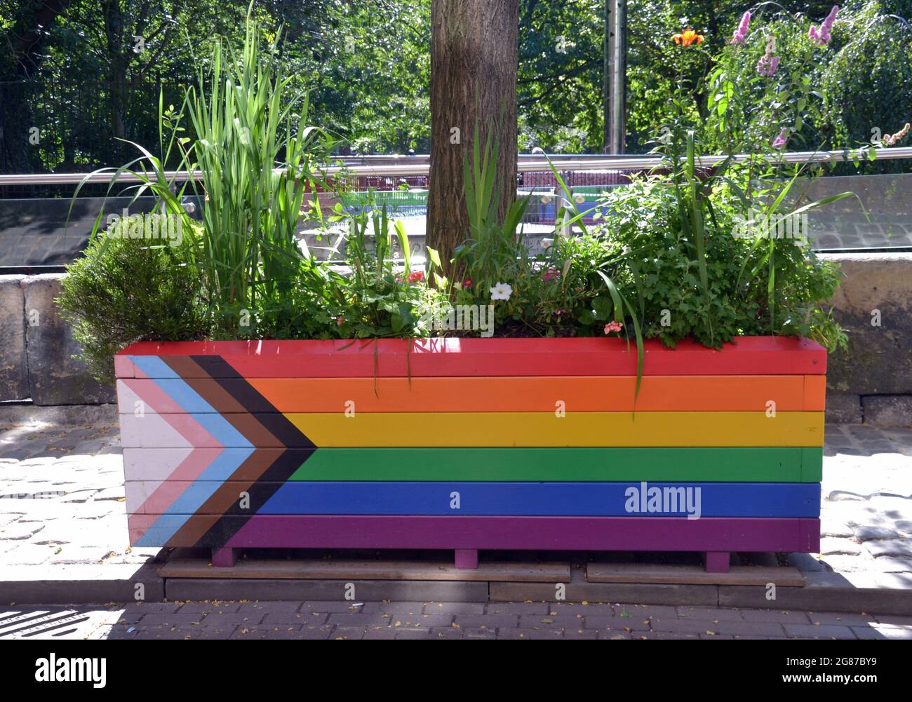 Piantatrice arcobaleno con piante nel Villaggio gay, nel centro di Manchester, Inghilterra, Regno Unito. Foto Stock