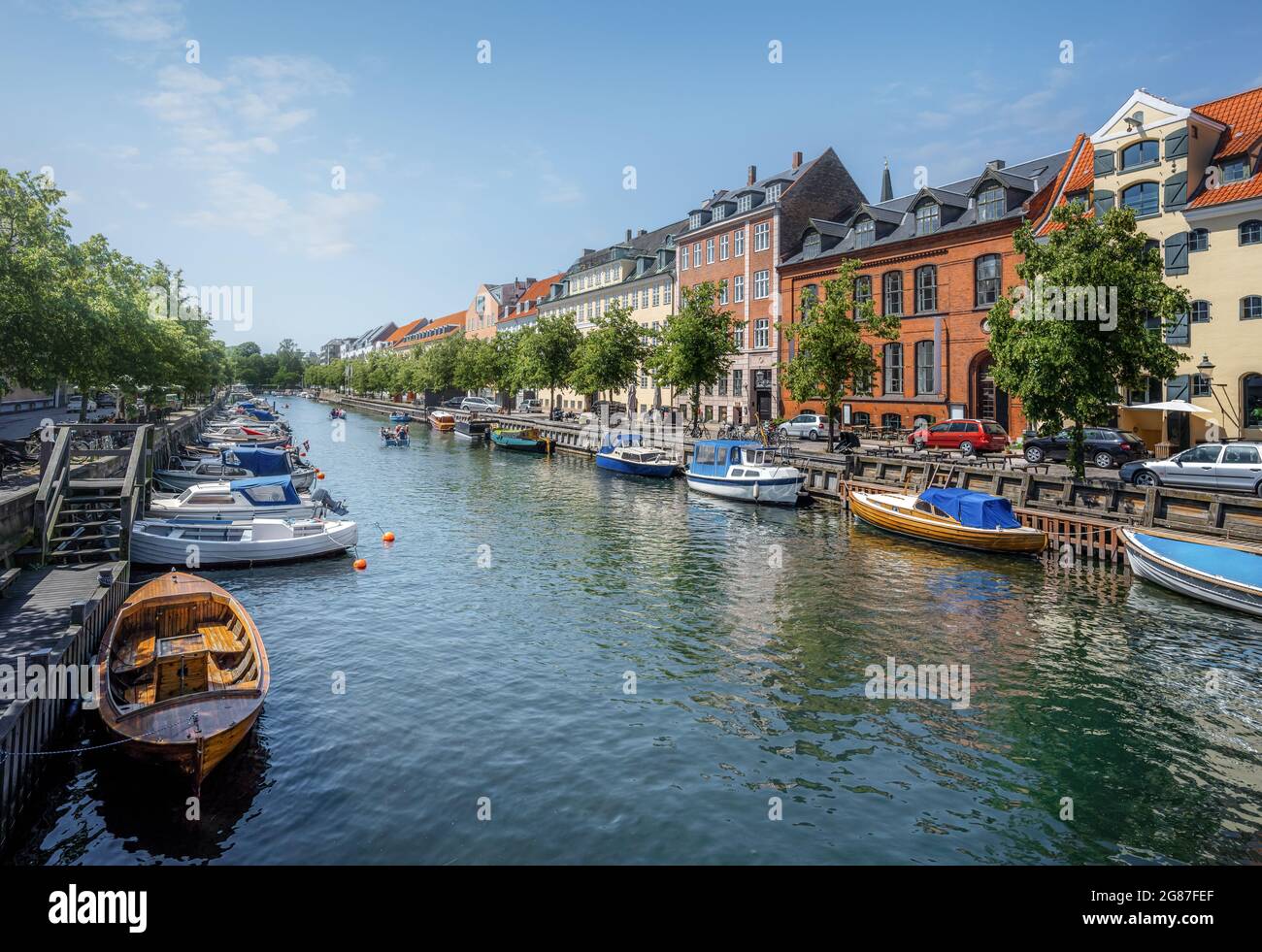 Canale e barche a Christianshavn - Copenhagen, Danimarca Foto Stock