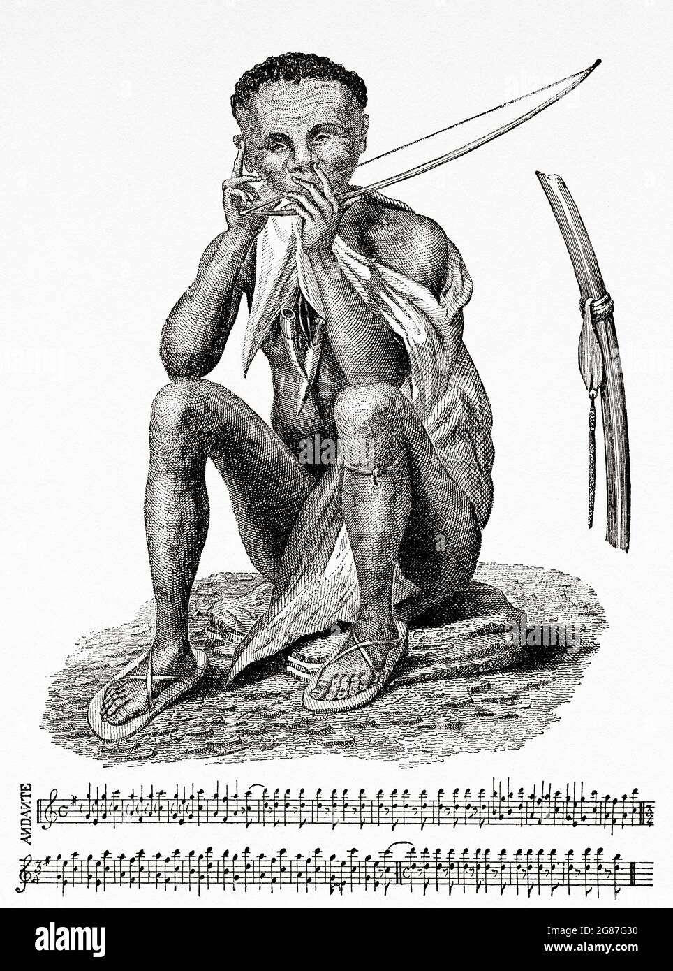 San o Bushman che suona un gorah (arco musicale) dell'Africa meridionale. Antica illustrazione del 19 ° secolo inciso da El Mundo Ilustrado 1880 Foto Stock