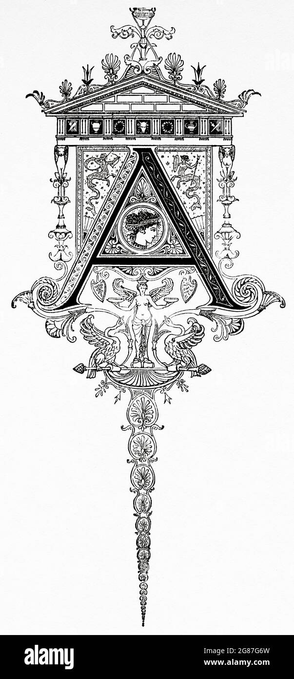 Carattere del disegno calligrafico. Lettera iniziale A. Antica illustrazione del XIX secolo incisa da El Mundo Ilustrado 1880 Foto Stock