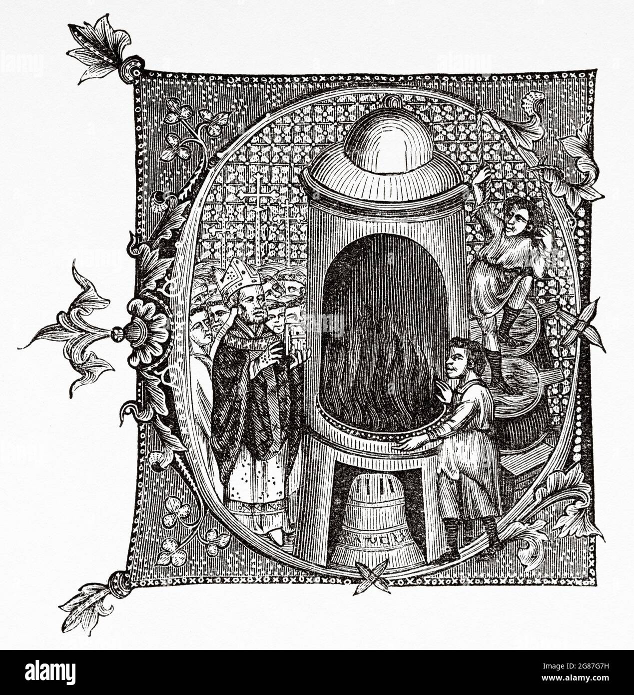 Fusione di una campana alla presenza del vescovo che li benedice, XIV secolo. Antica illustrazione del 19 ° secolo inciso da El Mundo Ilustrado 1880 Foto Stock