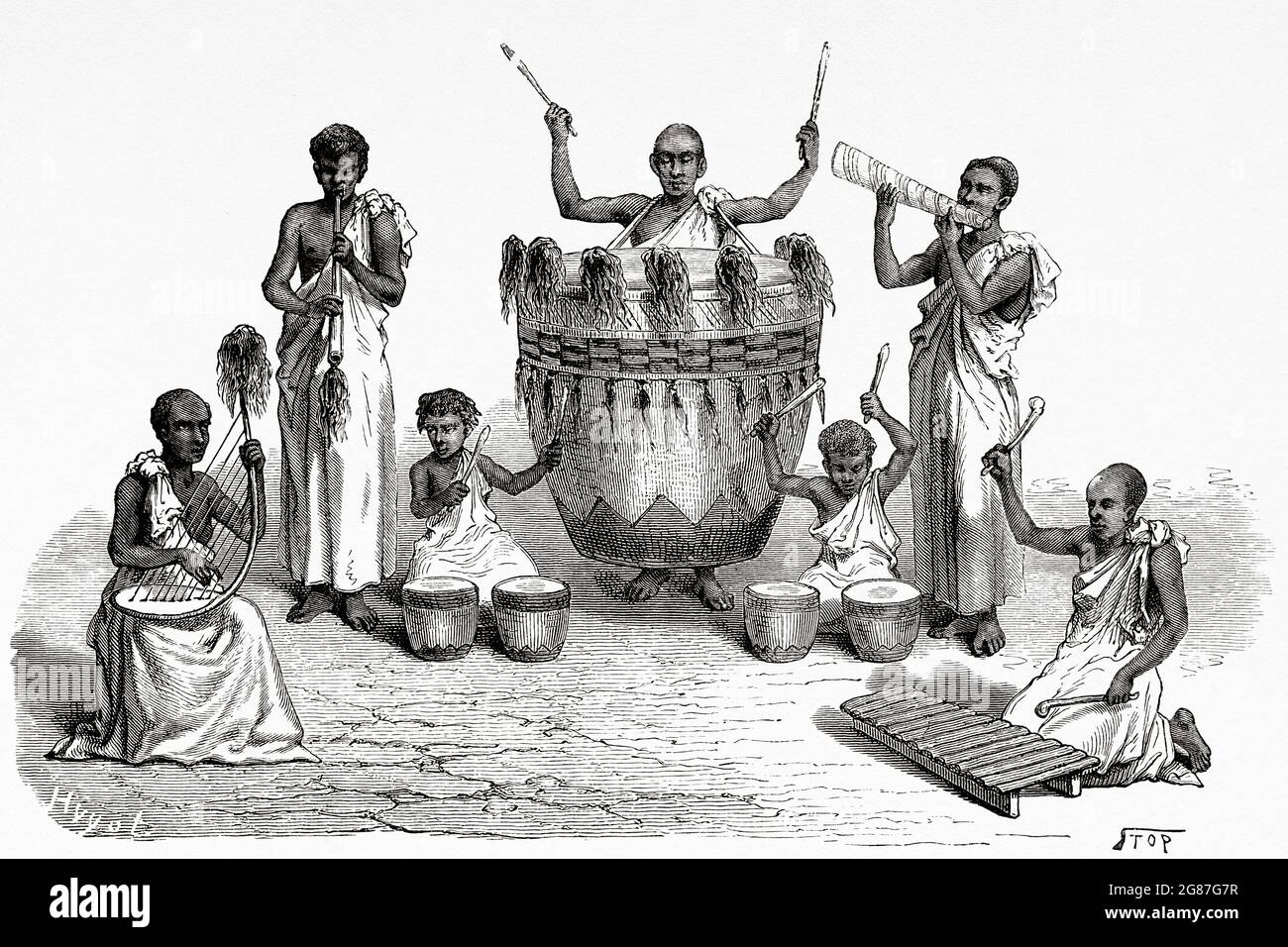 Concerto di musica con strumenti nativi della tribù di galla neri abitanti delle rive del Nilo, Etiopia. Antica illustrazione del 19 ° secolo inciso da El Mundo Ilustrado 1880 Foto Stock